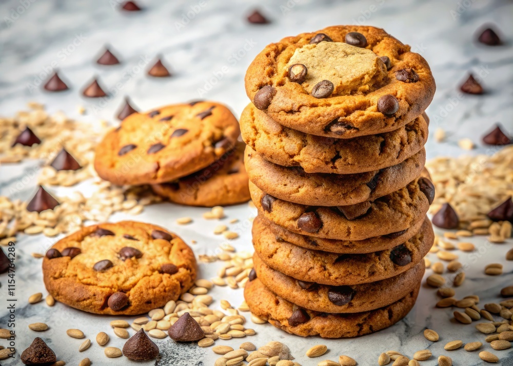 Homemade oatmeal chocolate chip cookies, generously studded with chips, viewed from above on a marble surface. Homemade oatmeal chocolate chip cookies, generously studded with chips, viewed from above on a marble surface.
