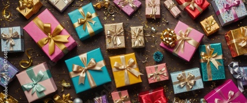 Colorful Collection of Gift Boxes with Ribbons and Decorations