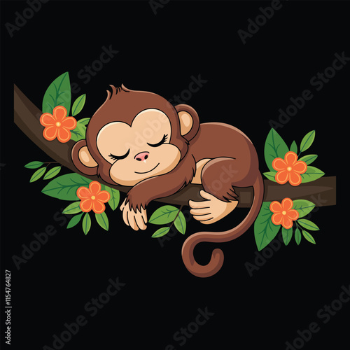 Vector art illustration of a cute monkey sleeping on a tree branch 