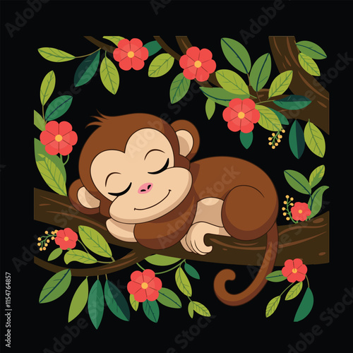 Vector art illustration of a cute monkey sleeping on a tree branch 