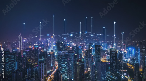 Wallpaper Mural Smart digital Innovation city with connection network reciprocity over the cityscape. of future smart wireless city and social media networking systems that connects business people with in city Torontodigital.ca