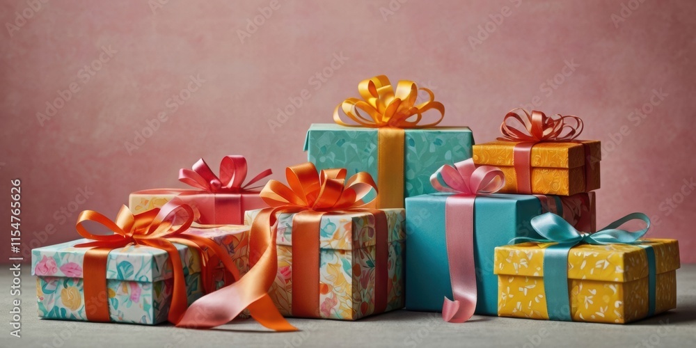 Obraz premium Cheerful Gift Boxes with Ribbons on a Colorful Background