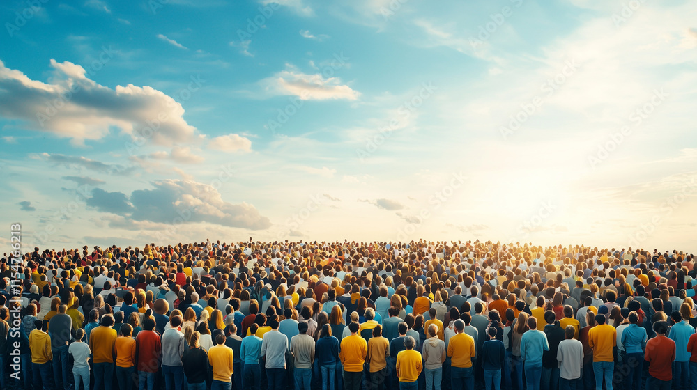 Fototapeta premium Vast Crowd at Sunrise: A breathtaking panoramic view of a massive crowd of people gathered outdoors, silhouetted against a vibrant sunrise. The image evokes a sense of unity, community.