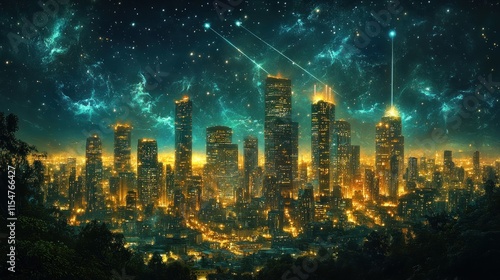 Wallpaper Mural A futuristic cityscape illuminated by vibrant lights against a starry sky. Torontodigital.ca
