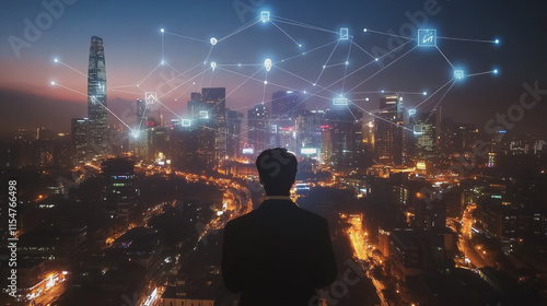 Smart digital Innovation city with connection network reciprocity over the cityscape. of future smart wireless city and social media networking systems that connects business people with in city