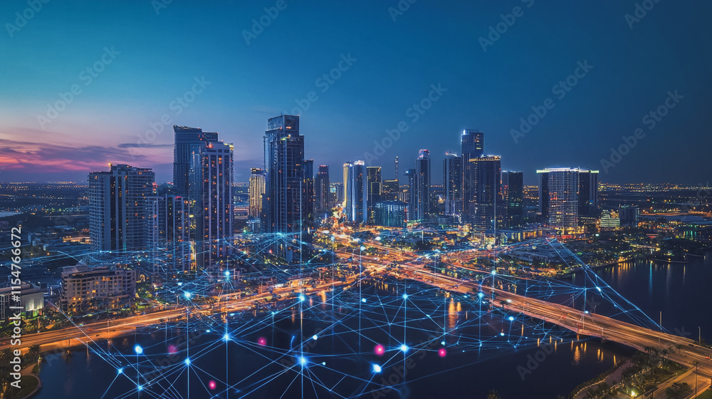 Fototapeta premium Smart digital Innovation city with connection network reciprocity over the cityscape. of future smart wireless city and social media networking systems that connects business people with in city