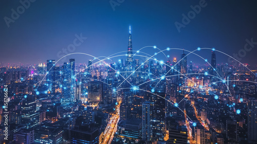 Wallpaper Mural Smart digital Innovation city with connection network reciprocity over the cityscape. of future smart wireless city and social media networking systems that connects business people with in city Torontodigital.ca