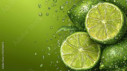 [Fresh lime slices on green background with sparkling water effect] Vibrant Lime Slices Over Green Background with Sparkling Bubbles