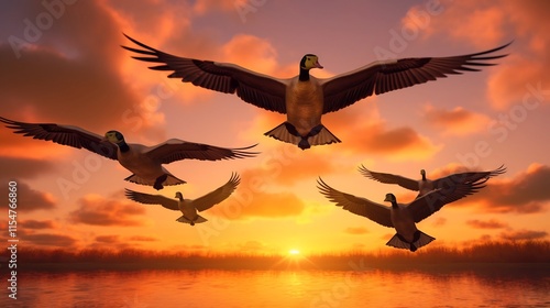 A breathtaking scene of a flock of Canadian geese flying in a graceful V formation against a stunning golden sky at sunset creating a serene and natural landscape