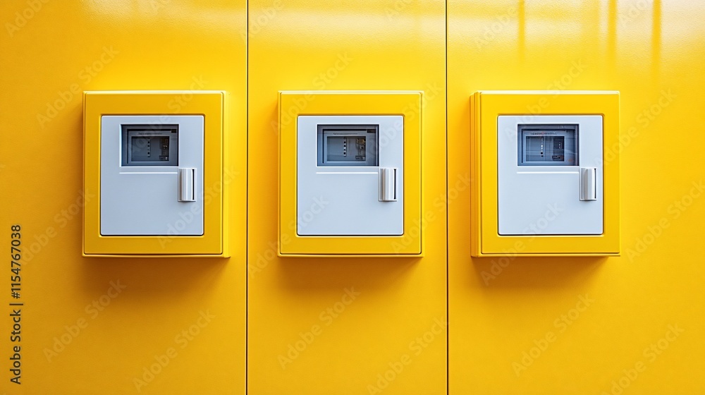 Three Yellow Electric Meters on a Wall Three Yellow Electric Meters on a Wall