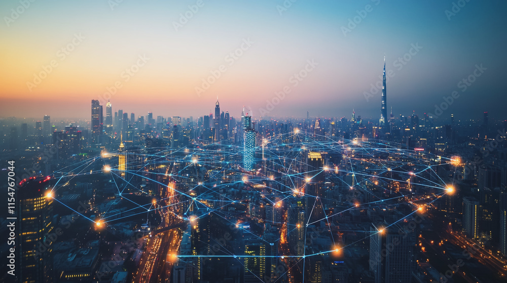 Fototapeta premium Smart digital Innovation city with connection network reciprocity over the cityscape. of future smart wireless city and social media networking systems that connects business people with in city