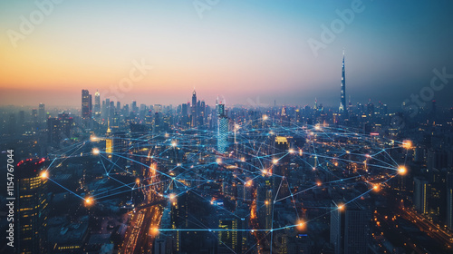 Wallpaper Mural Smart digital Innovation city with connection network reciprocity over the cityscape. of future smart wireless city and social media networking systems that connects business people with in city Torontodigital.ca