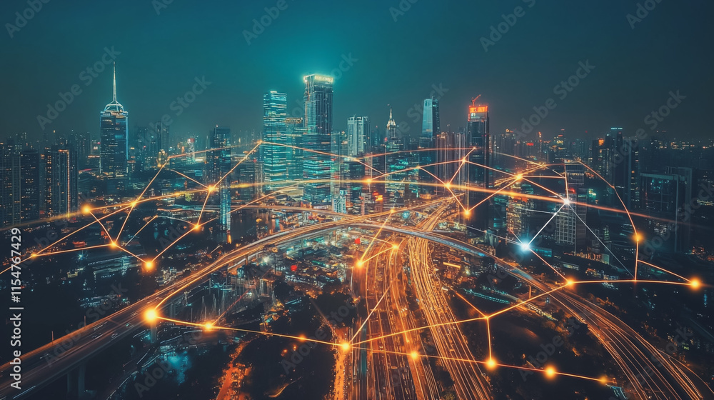 Smart digital Innovation city with connection network reciprocity over the cityscape. of future smart wireless city and social media networking systems that connects business people with in city Smart digital Innovation city with connection network reciprocity over the cityscape. of future smart wireless city and social media networking systems that connects business people with in city