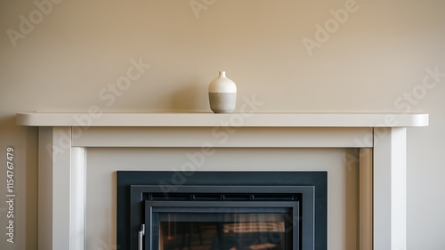 A small, elegant, offwhite ceramic vase sits on a beige fireplace mantle. The vase has subtle color variations. Minimalist home decor style. photo