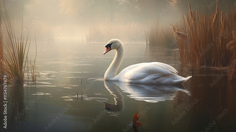 Majestic swan gliding effortlessly across a tranquil lake its reflections rippling on the calm water surface surrounded by swaying reeds and a peaceful natural ambiance Majestic swan gliding effortlessly across a tranquil lake its reflections rippling on the calm water surface surrounded by swaying reeds and a peaceful natural ambiance