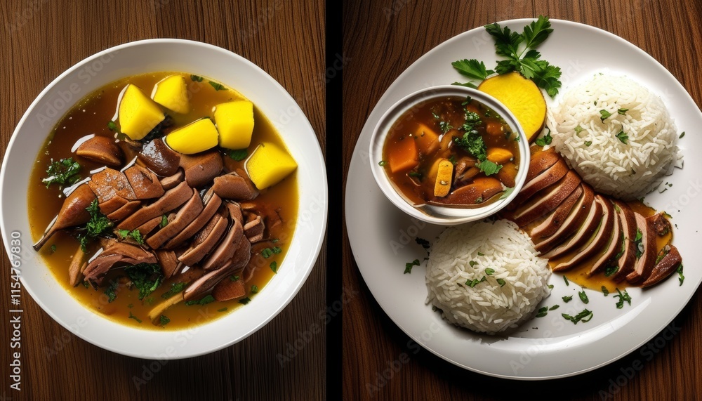 Duck Dinner with Tucupi Sauce and Rice, Featuring Topaz Garnish and Fresh Vegetables Duck Dinner with Tucupi Sauce and Rice, Featuring Topaz Garnish and Fresh Vegetables