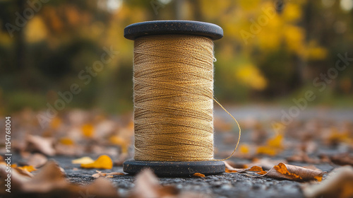 single thread unraveling from a spool symbolizing the fragility of order the beginnings of chaos or the unraveling of a story extending out of frame against a minimalist neutral background photo