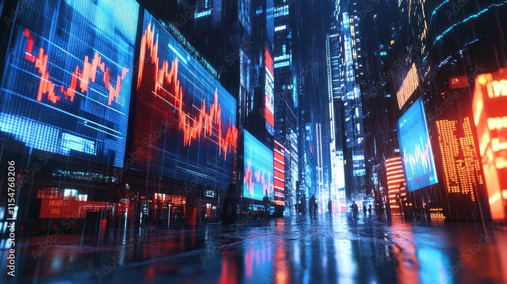 A dystopian city with stock market billboards all displaying crashing graphs, A dystopian city with stock market billboards all displaying crashing graphs,
