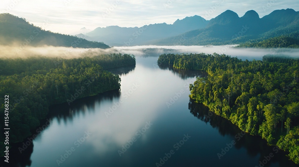 Serene Aerial View of Calm Lake Surrounded by Lush Forest Landscape Serene Aerial View of Calm Lake Surrounded by Lush Forest Landscape
