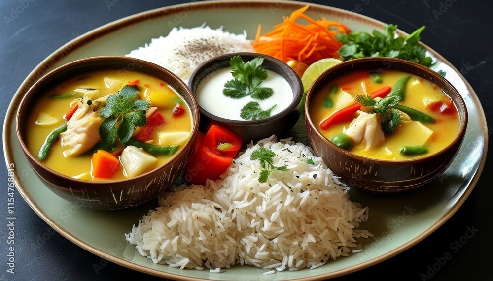 Colorful Peixada Platter with Fish Stew, Rice, Vegetables, and Herbed Yogurt for Dining Experience Colorful Peixada Platter with Fish Stew, Rice, Vegetables, and Herbed Yogurt for Dining Experience