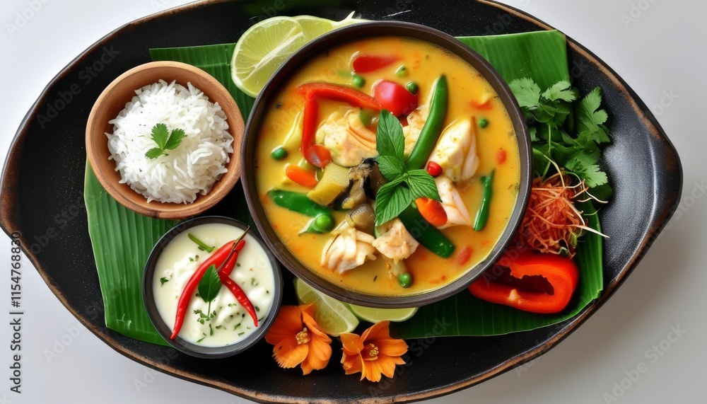 Colorful Fish Stew Platter with Rice and Fresh Vegetables Garnished with Herbs and Spices Colorful Fish Stew Platter with Rice and Fresh Vegetables Garnished with Herbs and Spices
