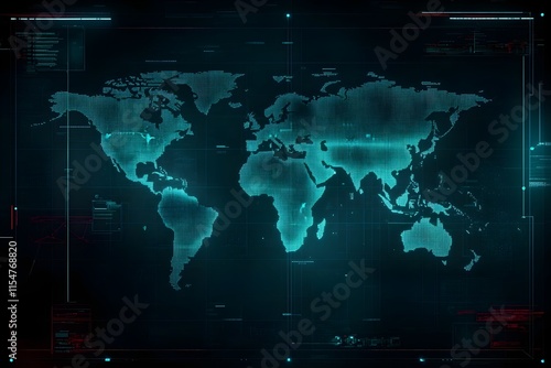 Fototapeta Naklejka Na Ścianę i Meble -  World map designed with sleek, glowing lines, set against a high-tech dark blue background