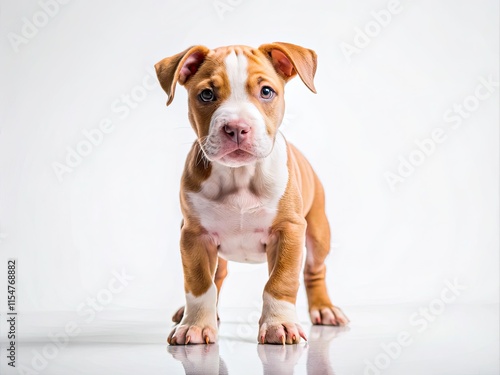 Playful pit bull pup, a white background showcasing its adorable charm.  Cute dog photo. photo