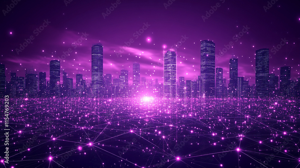 A digital representation of a smart city with abstract dots connected by gradient lines and intricate wave-like designs, symbolizing the connection of big data and technological advancements in urban A digital representation of a smart city with abstract dots connected by gradient lines and intricate wave-like designs, symbolizing the connection of big data and technological advancements in urban