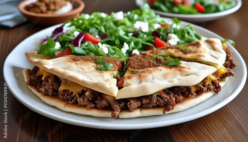 Delicious Turkish Pide with Ground Beef and Fresh Salad on a White Plate Delicious Turkish Pide with Ground Beef and Fresh Salad on a White Plate