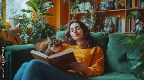 [Cozy reading nook at home] Cozy Reading Retreat: Woman Lost in Book Among Bookshelves and Greenery photo