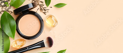 Natural beauty essentials urban setting makeup products botanical arrangement close-up view eco-friendly concept photo