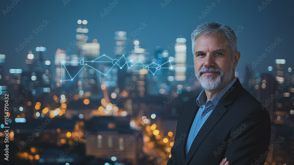 Fototapeta premium Smart digital Innovation city with connection network reciprocity over the cityscape. of future smart wireless city and social media networking systems that connects business people with in city