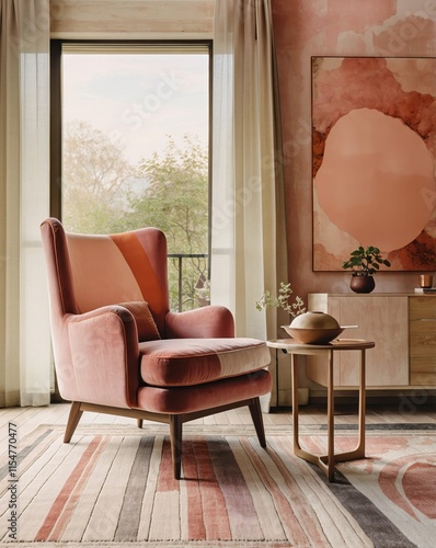 Retro-inspired living room, Mid-century modern armchair in salmon pink, Abstract circular artwork, Terracotta walls, Potted plants, Wooden flooring, Minimalist side table, Warm earthy tones, Soft natu