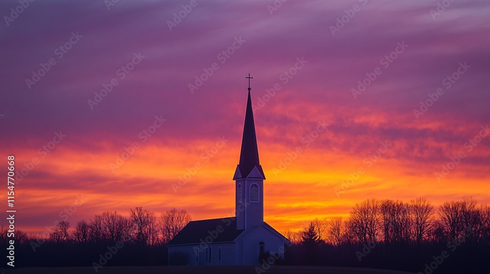 Obraz premium Serene Sunset Over Traditional Church with Towering Steeple