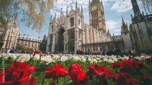 Beautiful Spring Scene at Westminster Abbey with Colorful Flowers