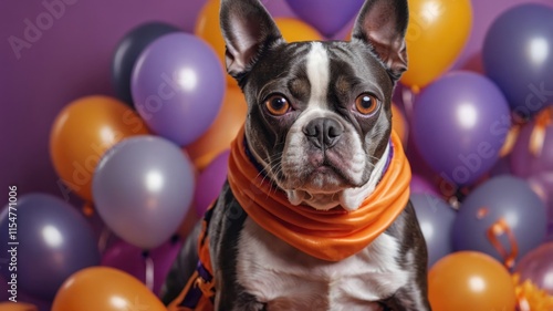 Boston Terrier, Halloween party, colorful balloons, pumpkins, festive atmosphere, purple background, orange and purple color scheme, dog portrait, playful expression, holiday celebration, pet photogra photo