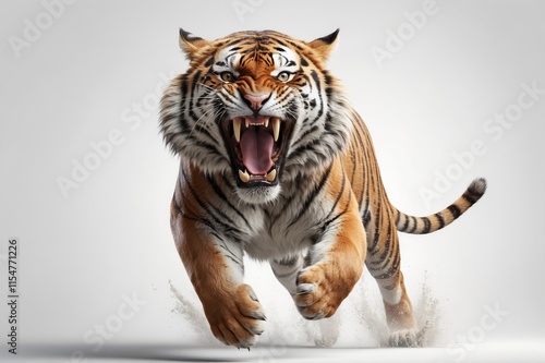Powerful tiger in a dynamic running pose, mouth open in a roar.