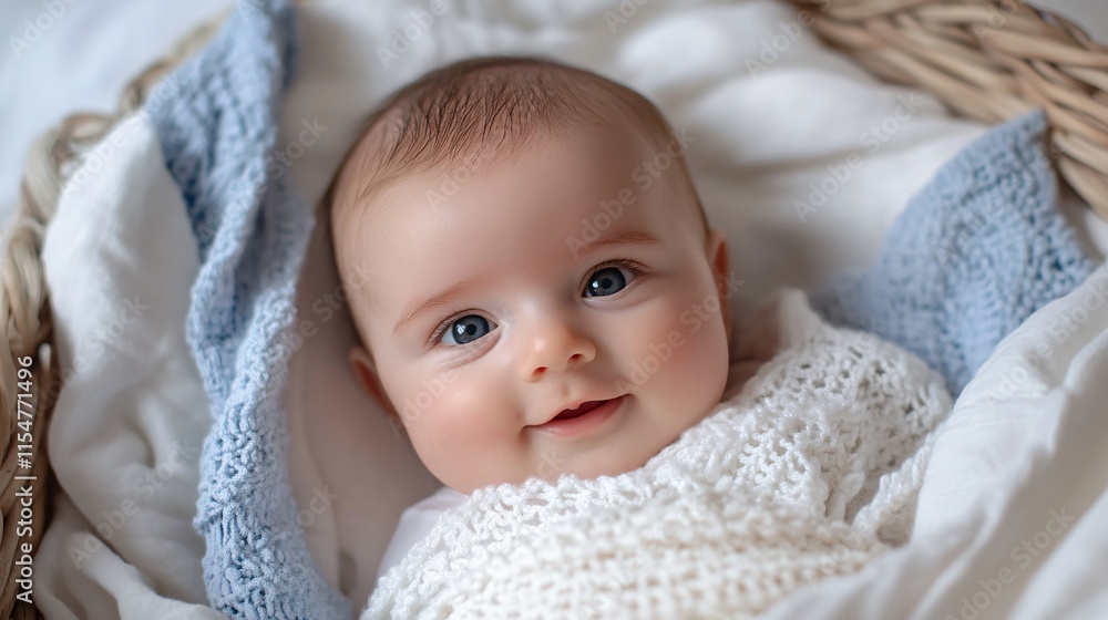Adorable Baby Smiling Cheerfully in Cozy Knitted Blanket Adorable Baby Smiling Cheerfully in Cozy Knitted Blanket