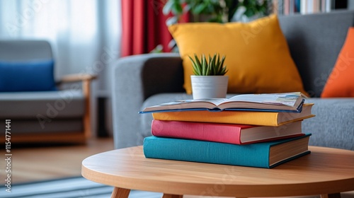 Cozy Living Room with Colorful Books on Wooden Table and Plant