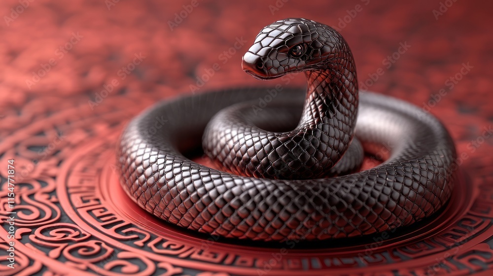 Fototapeta premium Silver snake coiled on red circular design.