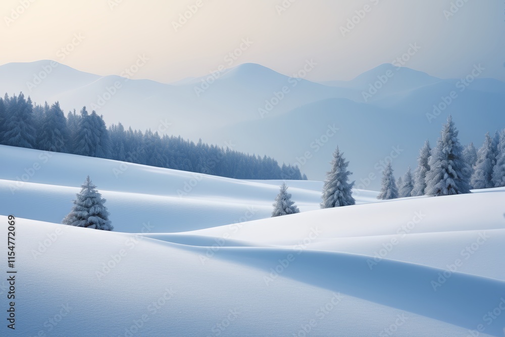 snowy landscape with trees and mountains in the distance snowy landscape with trees and mountains in the distance