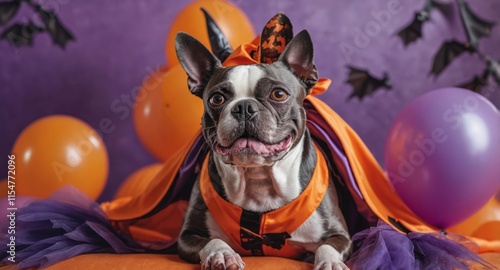 Boston Terrier, Halloween party, colorful balloons, pumpkins, festive atmosphere, purple background, orange and purple color scheme, dog portrait, playful expression, holiday celebration, pet photogra photo