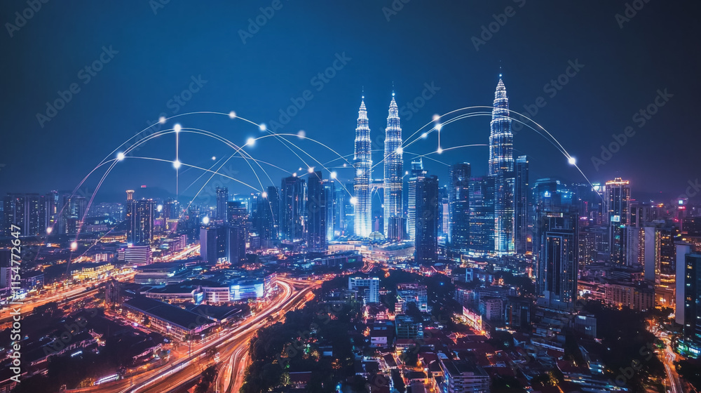 Fototapeta premium Smart digital Innovation city with connection network reciprocity over the cityscape. of future smart wireless city and social media networking systems that connects business people with in city