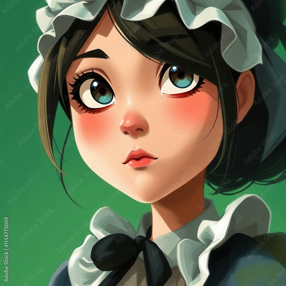 Realistic anime maid with a thoughtful expression, green background, and blush on cheeks, perfect for storytelling art Realistic anime maid with a thoughtful expression, green background, and blush on cheeks, perfect for storytelling art