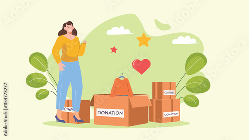 An inviting visual featuring a large donation box with hands placing items, surrounded by hearts and community symbols.