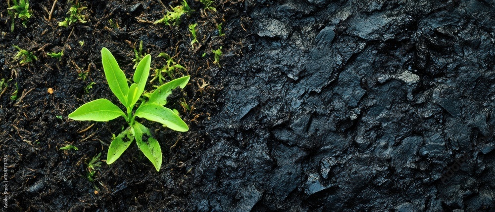 Naklejka premium Resilience: A Tiny Sprout Emerging from Burned Earth