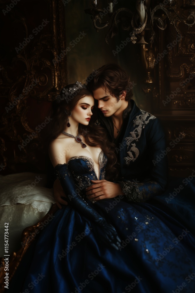 Couple in elegant attire sharing an intimate moment in a lavishly decorated room Couple in elegant attire sharing an intimate moment in a lavishly decorated room