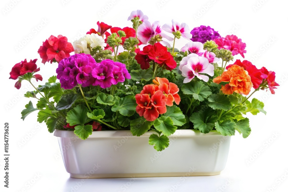 Fototapeta premium Whimsical pelargoniums, vibrant and surreal, fill a rectangular pot; a colorful photo.
