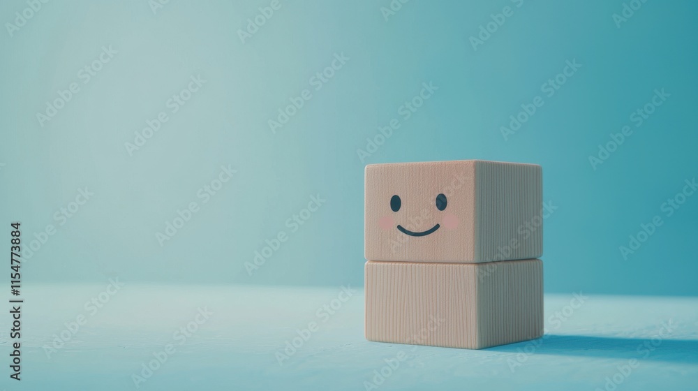 Obraz premium Playful smiling toy block bright blue background digital art whimsical environment front view cheerful concept