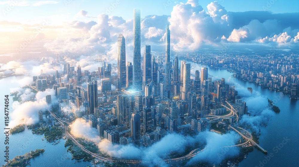 A futuristic cityscape with towering skyscrapers amidst clouds and water. A futuristic cityscape with towering skyscrapers amidst clouds and water.